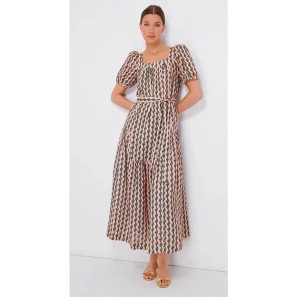 Saloni Yashi Pleated Linen Midi Maxi Dress Ocean Stripe Tiered Puff sleeve Sz 12 - Picture 1 of 8